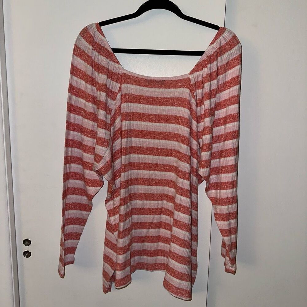 Lane Bryant Womens Red Pink White Stripe Elastic Square Neck Long Sleeve Shirt - Picture 6 of 12